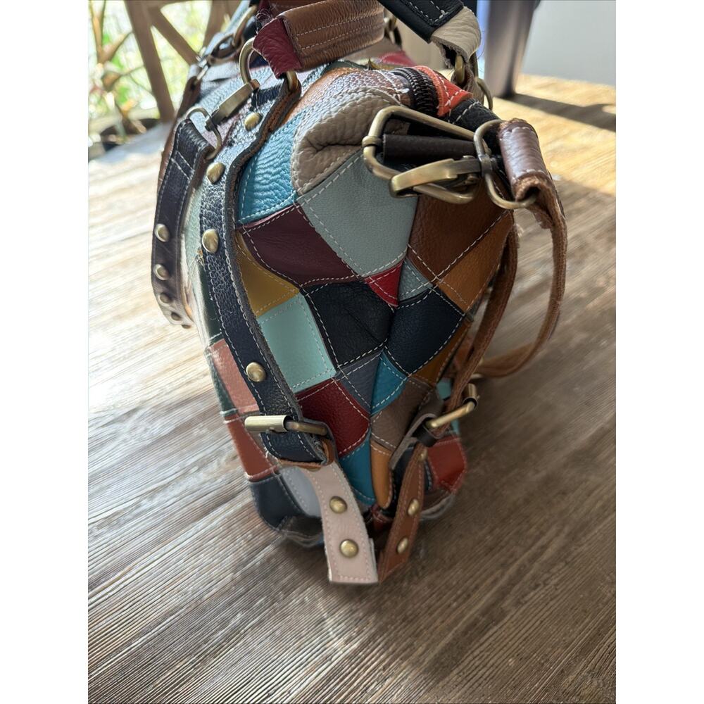 Genuine Leather Color Purse bohemian Handbag duffle studded patchwork quilt tote - Picture 8 of 9